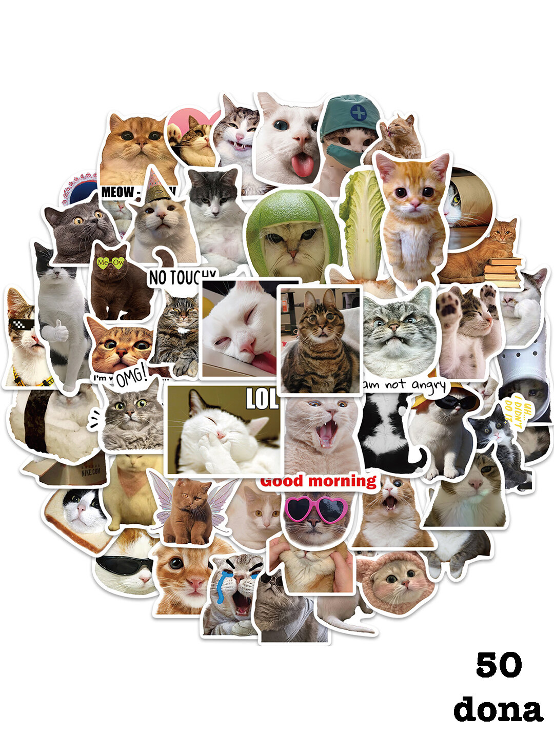 Наклейки стикеры "Мемы, прикол, смешные картинки, милые кошки, котята" - Белый