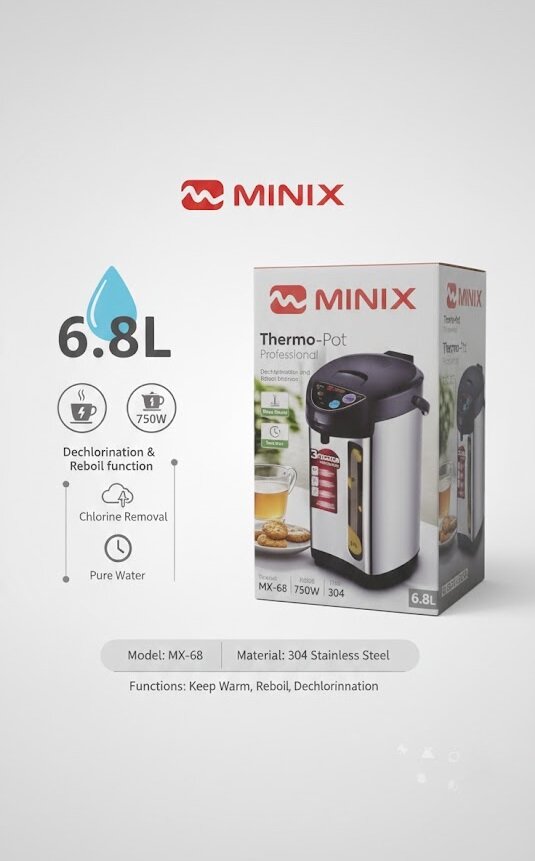 Чайник термопот MINIX MX-618, мощность 750 Вт, металл/стекло, выбор температуры, 6,8 л