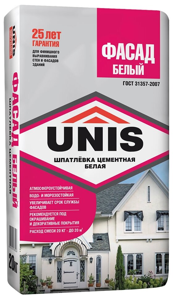 Шпаклевка цементная UNIS FASAD FINISH супер белая, 20кг