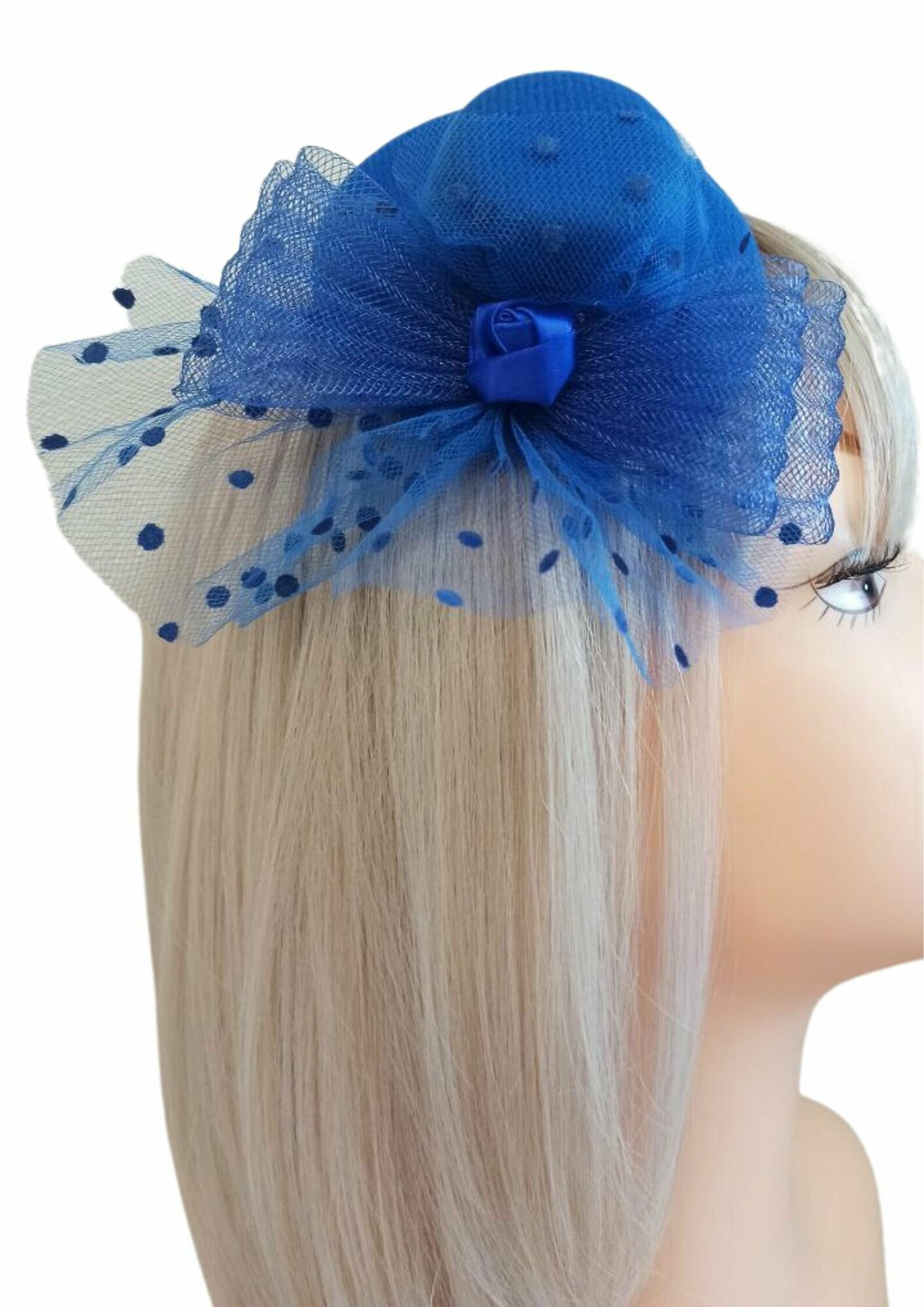Шляпка на заколке зажим для волос синяя объемный бант