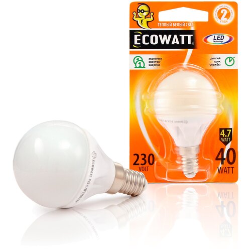 Лампа светодиодная Ecowatt 230В 2700K, E14, P45, 4.7 Вт, 2700 К