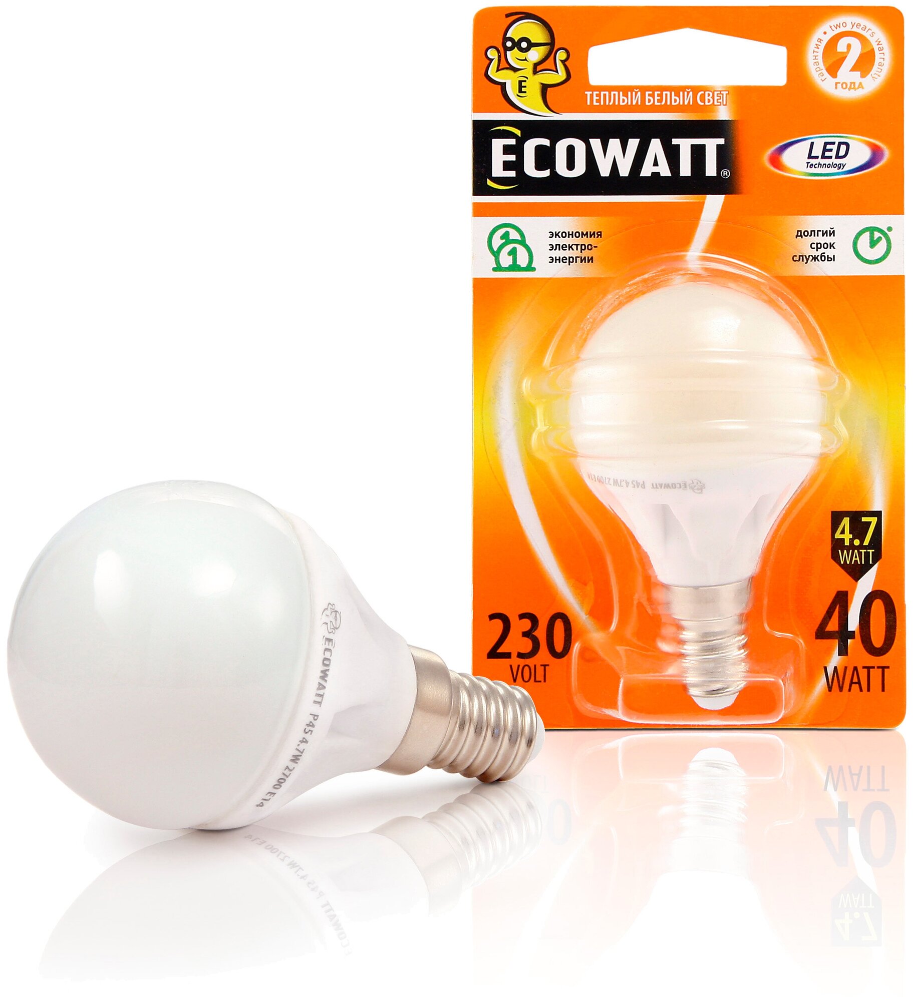 Лампа светодиодная ECOWATT P45 230V 4.7W E14 2700K