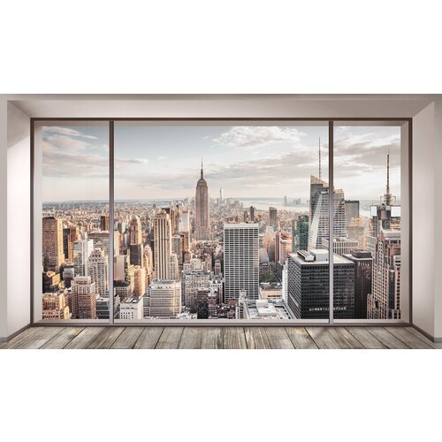 Моющиеся виниловые фотообои GrandPiK Нью-Йорк сквозь панорамное окно, 450х260 см