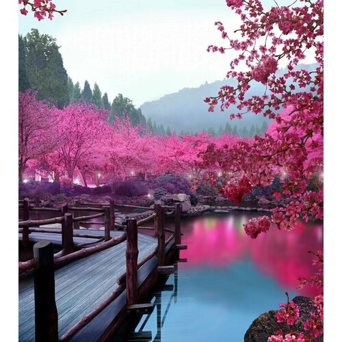 Моющиеся виниловые фотообои Цветущая сакура у воды. Япония, 250х280 см
