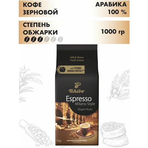 Кофе в зернах Tchibo Espresso Milano, натуральный жареный арабика 100%, 1 кг, Италия