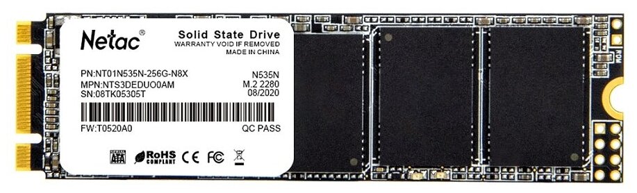 Внутренний SSD-накопитель Netac N535N 256GB M2 2280, SATA-III, 3D TLC, Черный NT01N535N-256G-N8X - фото №1