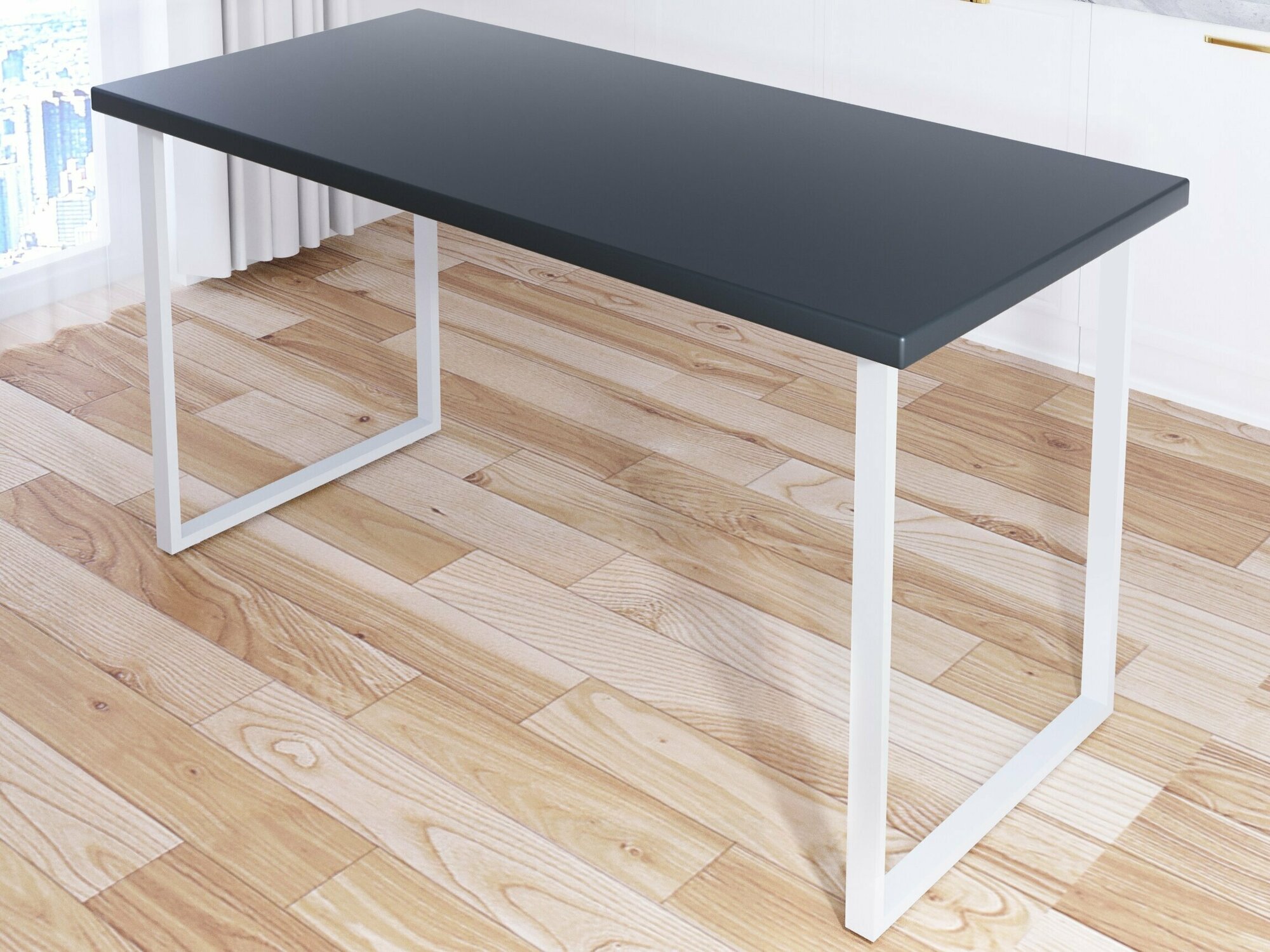 Стол кухонный Loft со столешницей цвета антрацит из массива сосны 40 мм и белыми металлическими ножками, 130х75х75 см
