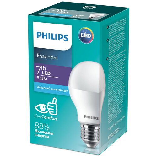 фото Светодиодная лампа philips essential ledbulb 7-65w e27 6500k 220v a60 матов. 720lm