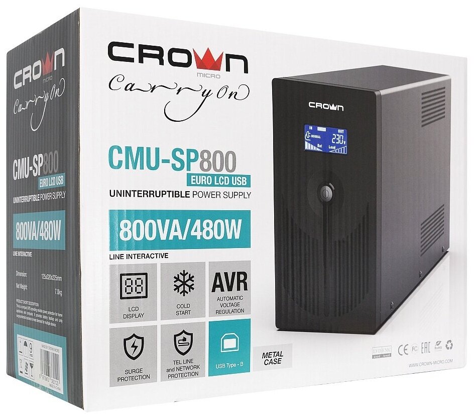 Источник бесперебойного питания Crown CMU-SP800EURO LCD USB 800VA Черный (CM000001871)