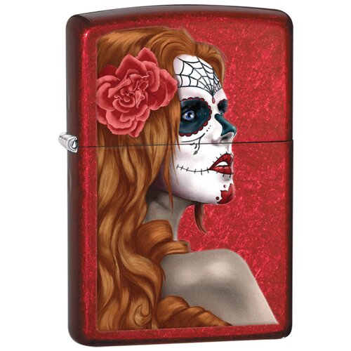 Оригинальная бензиновая зажигалка ZIPPO 28830 Day of the Dead: Girl с покрытием Candy Apple Red™ - День мертвых: Девушка