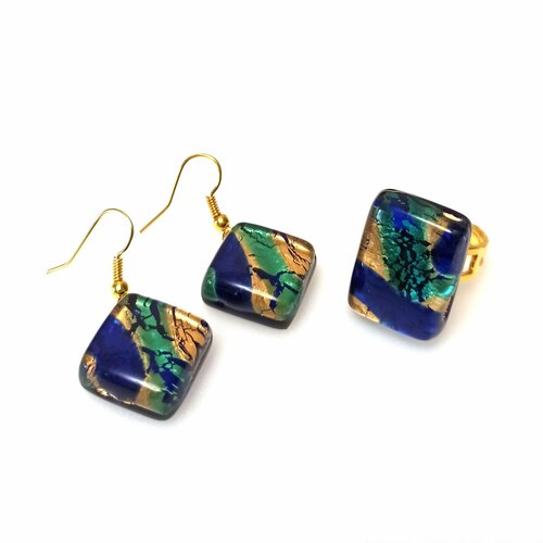 Комплект бижутерии arte di murano: серьги, кольцо, золотой, синий