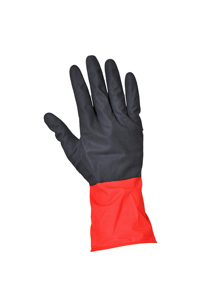 Перчатки хозяйственные Рифленая поверхность, удлиненная манжета, повышенная прочность, 2-х цветные Black/Red, длина 300 мм. размер XL