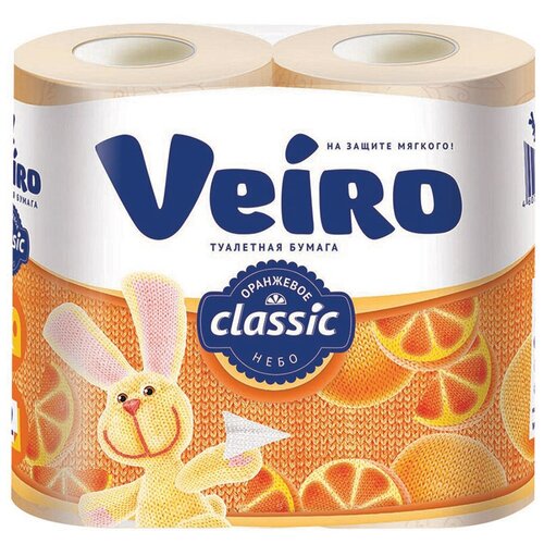Купить Бумага туалетная VEIRO Classic 2сл, 4рул/упак, желтая, оранжевый, вторичная целлюлоза