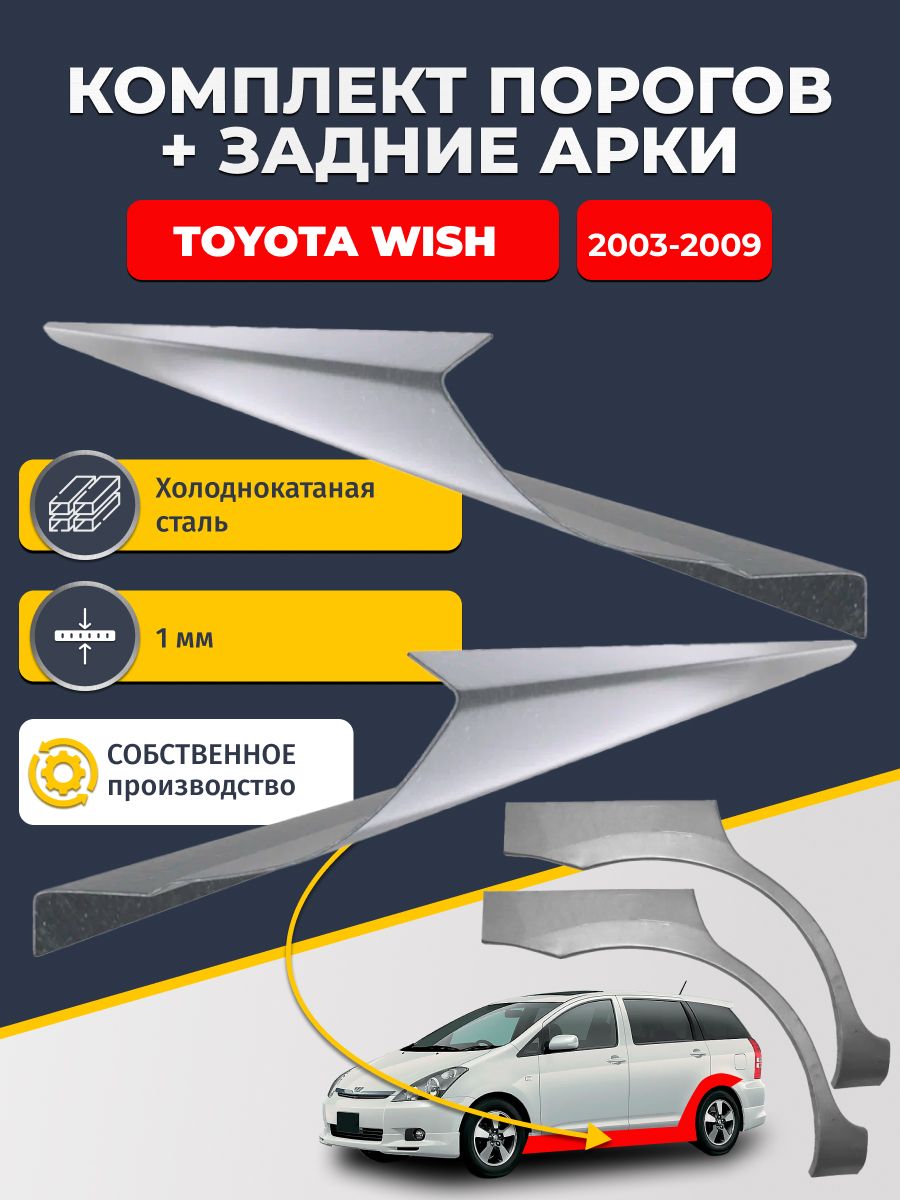 Комплект задних ремонтных арок, 0.8 мм и комплект порогов 1 мм для Toyota Wish 2003-2009 минивэн (Тойота Виш 1). Холоднокатаная сталь. Кузовной ремонт.