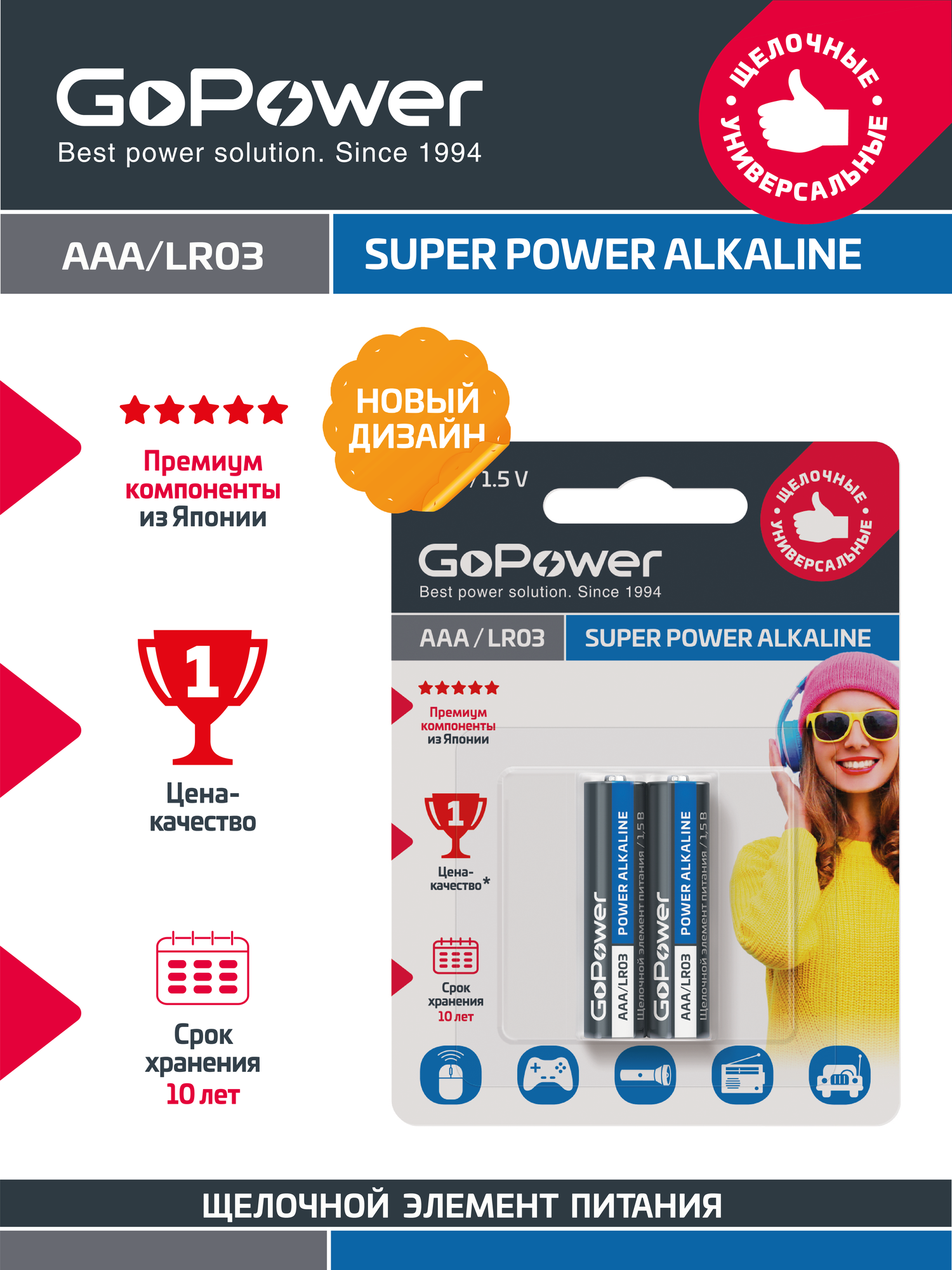 Батарейка GoPower LR03 AAA BL2 Alkaline 1.5V (2/24/480) блистер (2 шт.) Батарейка GoPower LR03 AAA (00-00019862) - фото №1