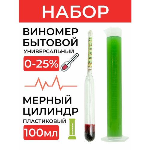 Набор ареометр виномер бытовой универсальный 0-25 мерный цилиндр100мл 479₽