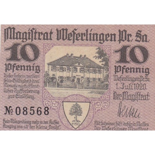 Германия (Веймарская Республика) Веферлинген 10 пфеннигов 1920 г. германия веймарская республика данненберг 10 пфеннигов 1920 г