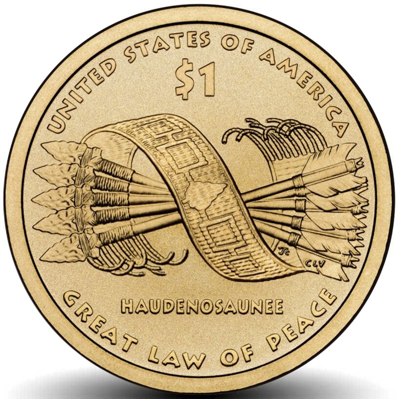 (2010p) Монета США 2010 год 1 доллар "Договор с ирокезами" Сакагавея Латунь UNC