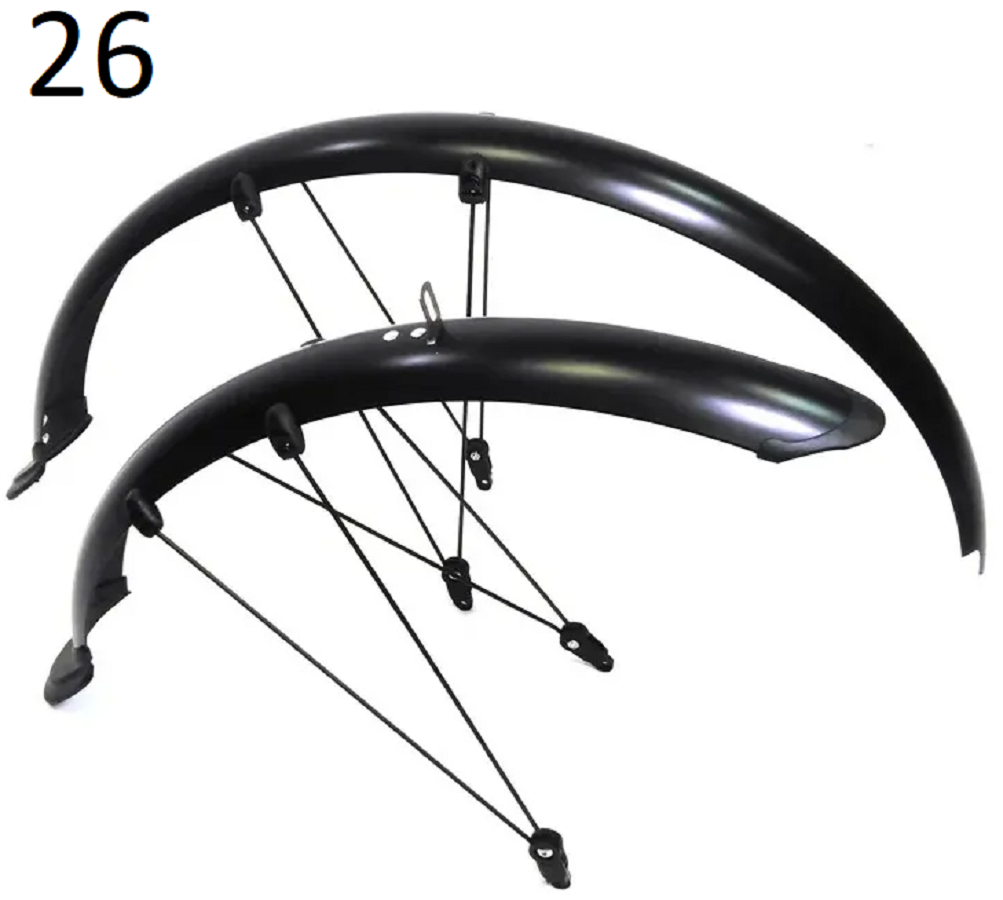 Крылья для велосипеда 26 полноразмерные с направляющими металло-пластик, с "усами", ширина 65мм, с брызговиками, черные матовые на велосипед 26"