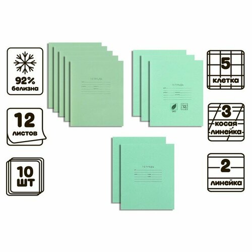 Комплект тетрадей из 10 штук Зелёная обложка, 12 листов (5 в клетку, 3 в косую линию, 2 в линию), блок офсет