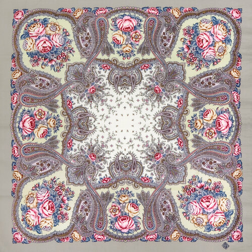 Платок Павловопосадская платочная мануфактура,89х89 см, желтый, розовый павловопосадский платок 10618 1