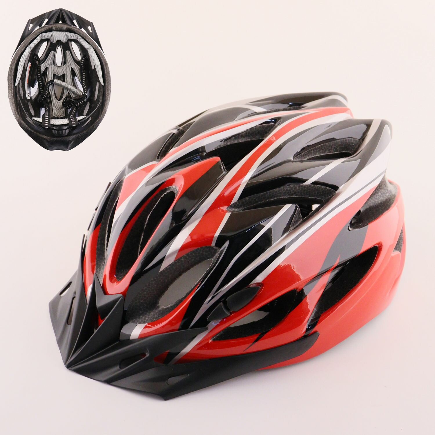Шлем велосипедный (глянцевый, size: L (57-62см) красно-черный, +козырек)