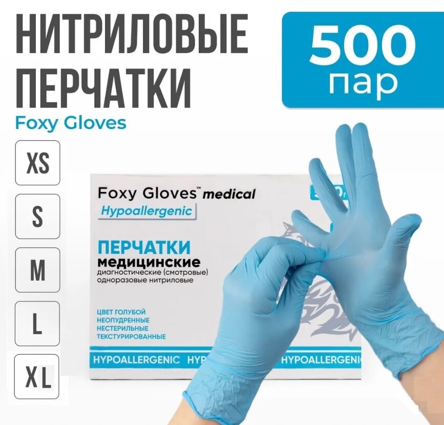 Перчатки маникюрные FOXY-GLOVES нитриловые, одноразовые, смотровые, неопудренные, р-р M, голубой, 500 пар.