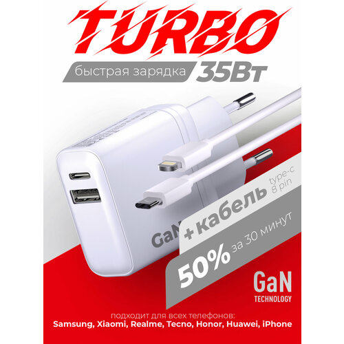 Сетевое зарядное устройство Power Delivery QC 35W с кабелем Type C - 8 pin 30W PD 1 метр быстрая зарядка GAN белая Miuko 1190₽