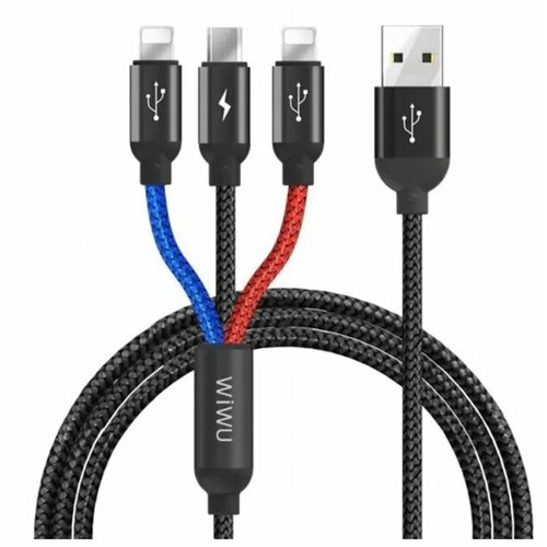 Кабель WiWU Atom 3 in 1 USB to x2 Lightning micro USB Data Sync Charging Cable YZ-100 Черный 350₽