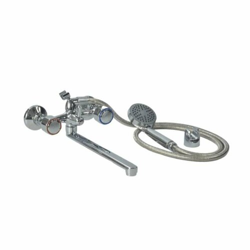 Смеситель для ванны с душем двуручный плоский излив, душевой шланг н/ж сталь, хромированная пластиковая лейка и кронштейн Стандарт ЦС-СМ 600/5-4 К М_Супер Центр Сантехники (Подольск) СМ503644