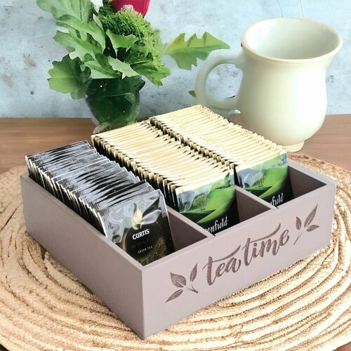 Подставка под чайные пакетики три отделения с гравировкой, цвет капучино