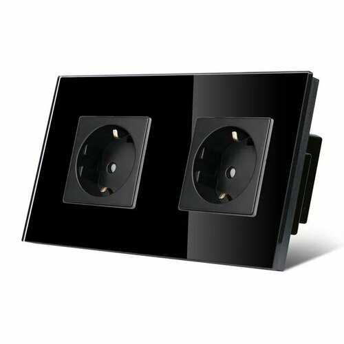 Розетка электрическая 16А - 2шт, в комплекте со стеклянной рамкой на два поста 86*157мм, цвет черный