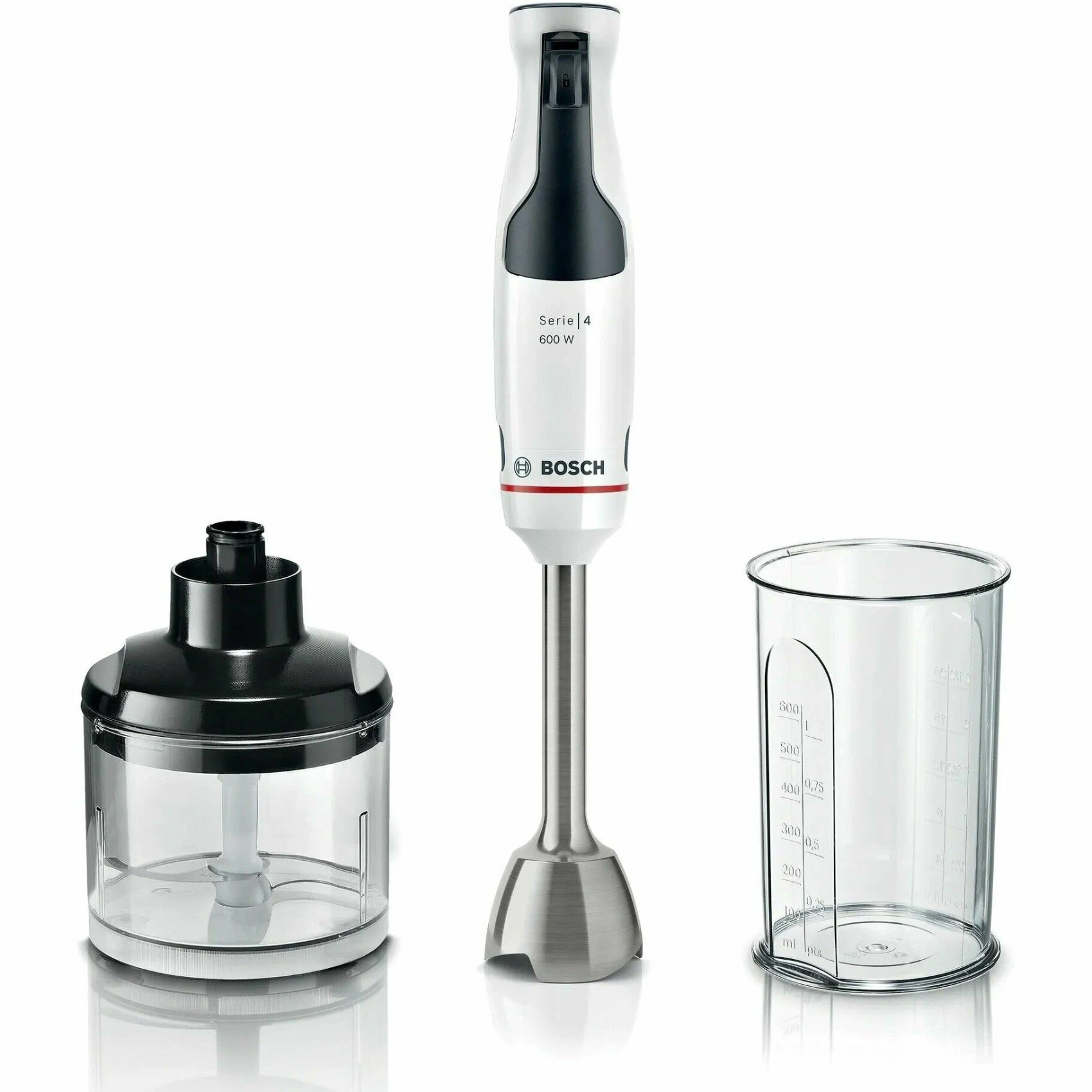 Погружной блендер Bosch MSM4W421: мощность 800 Вт, белый, металлическая ножка, комплект: венчик, чаша, нож