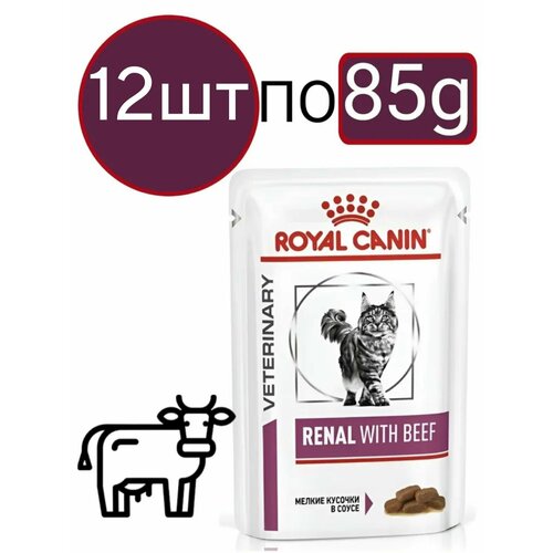 Влажный диетический корм Royal Canin Renal Feline (Говядина), для взрослых кошек, для поддержания функции почек, кусочки в соусе (12шт по 85г)