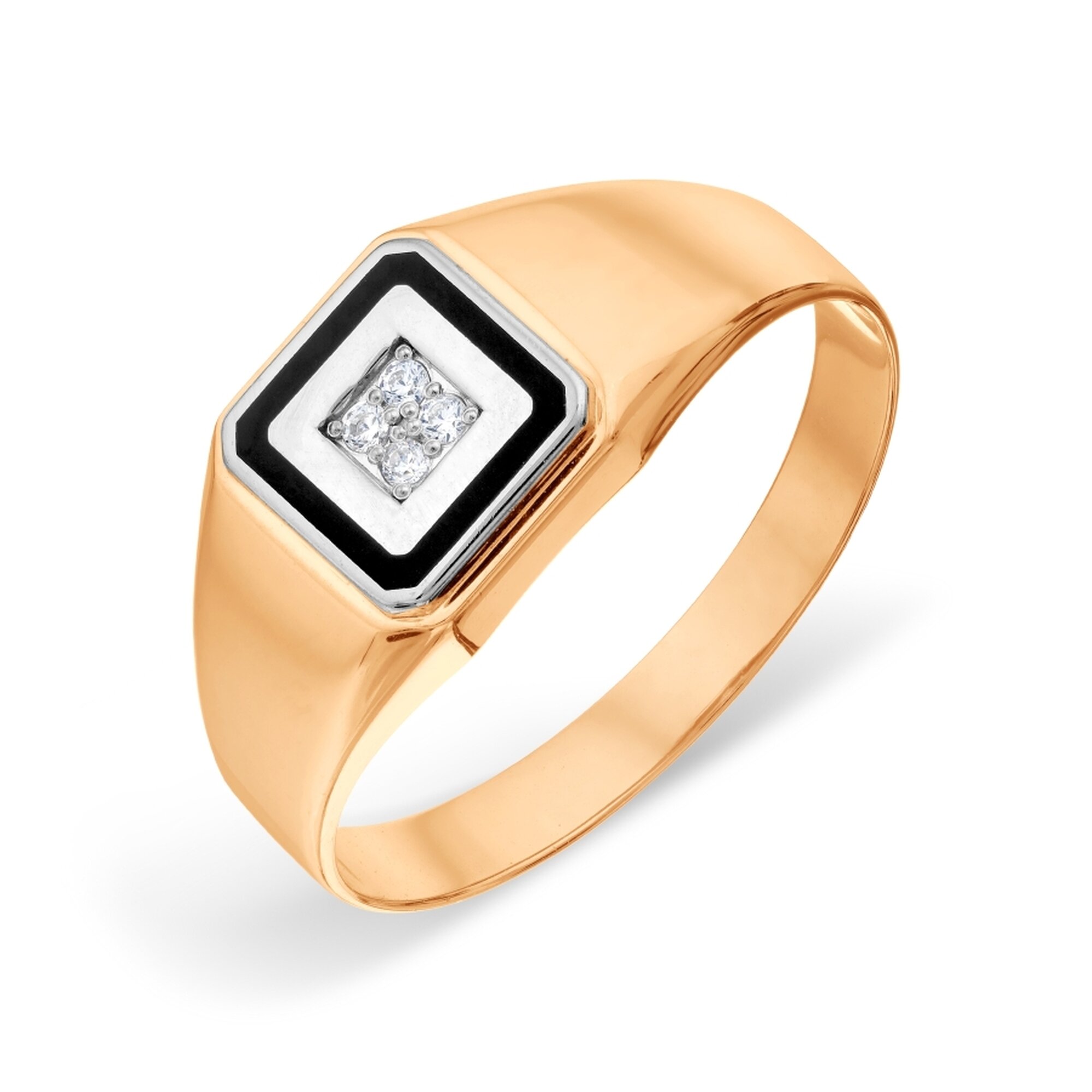 Печатка Diamant online, красное золото, 585 проба, фианит, эмаль, размер 19.5, прозрачный/черный