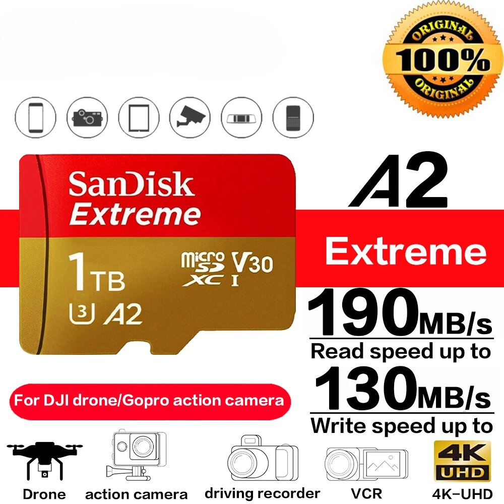 Оригинальная карта памяти micro SDXC A2 U3 UHS-I V30 USB3.0 Extreme 4K Video Flash micro SD Card для камеры GoPro DJI Nintendo, 1TB