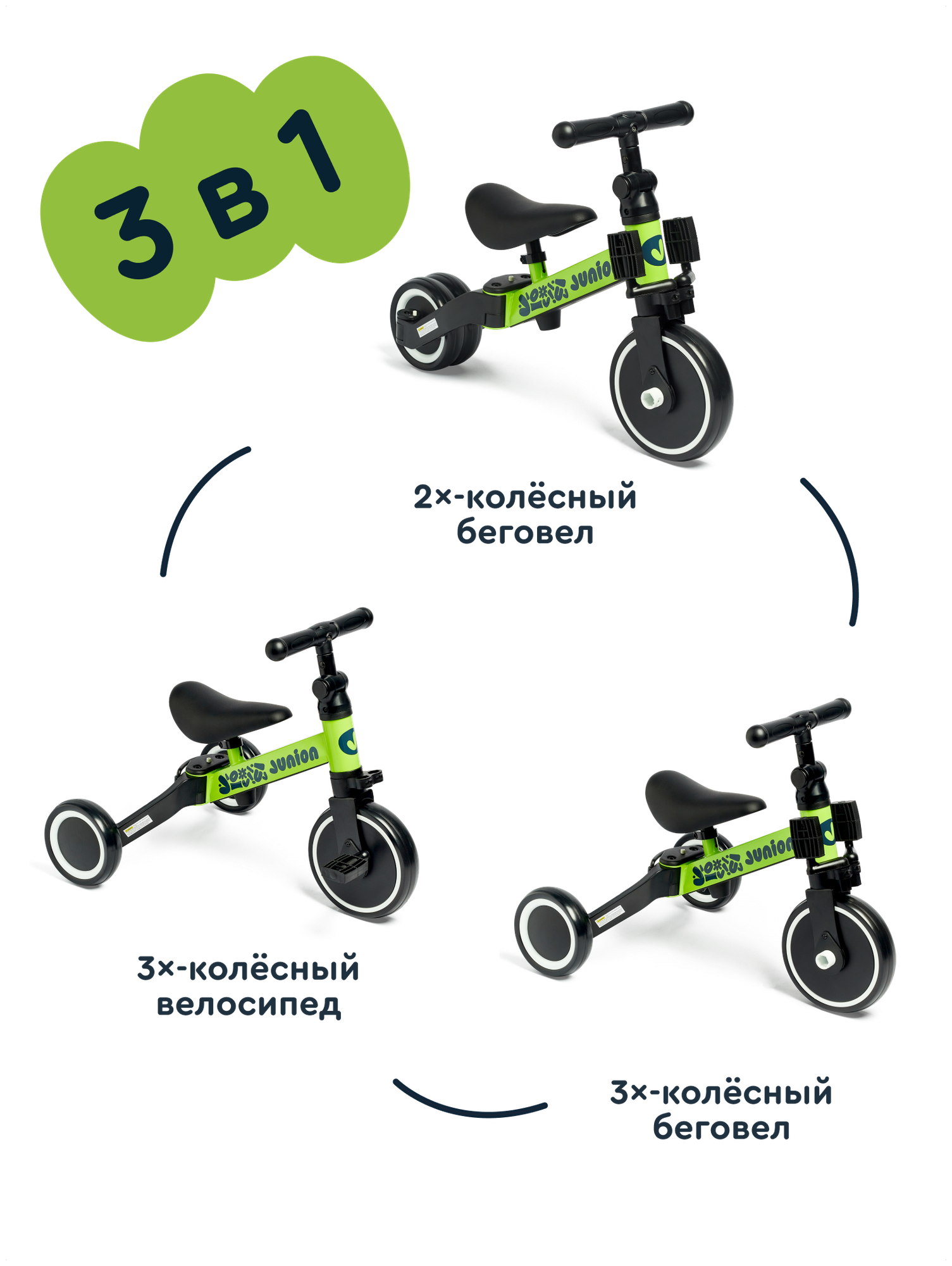 Картинки Детский беговел-трансформер 3 в 1 Junion Stepni велосипед, зелёный