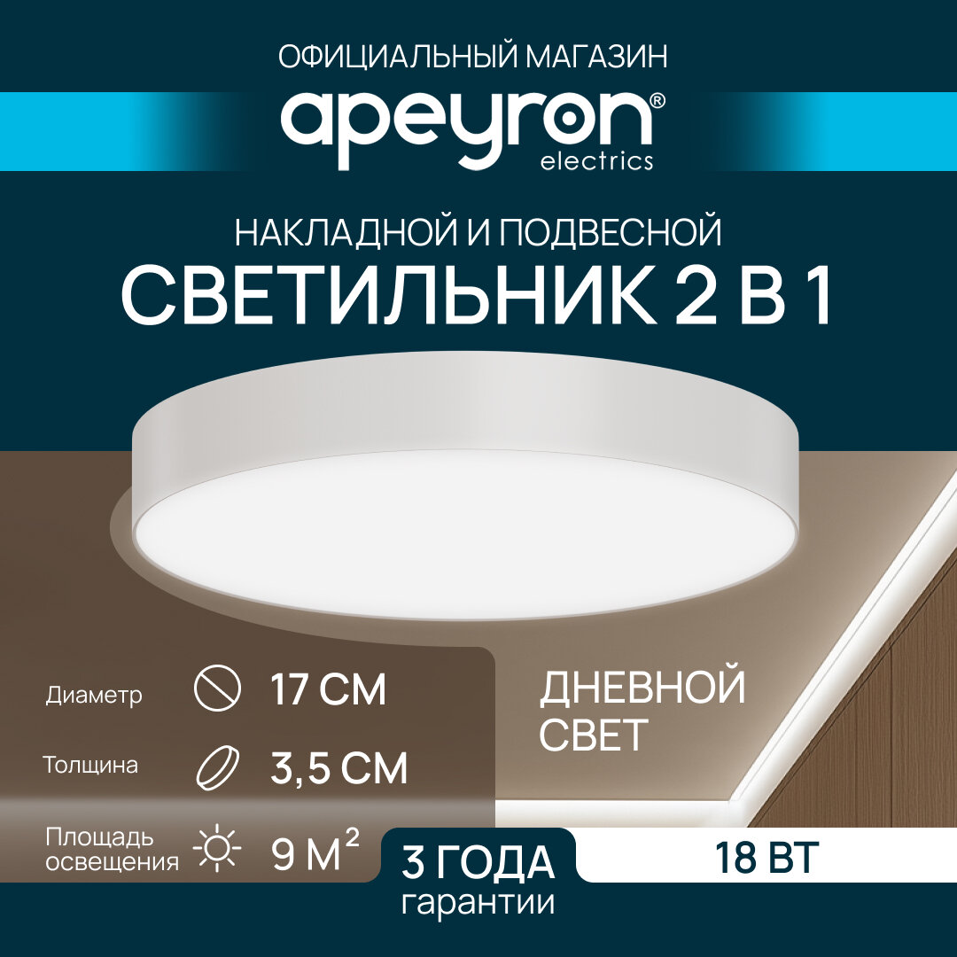 Светильник светодиодный накладной MIN Apeyron 18-155, 18Вт, 4000К, d170х35мм, белый