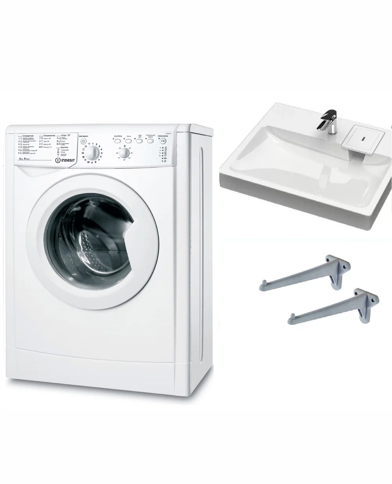 Стиральная машина под раковину Indesit IWUB 4105 и раковина Монако 60 над стиральной машиной