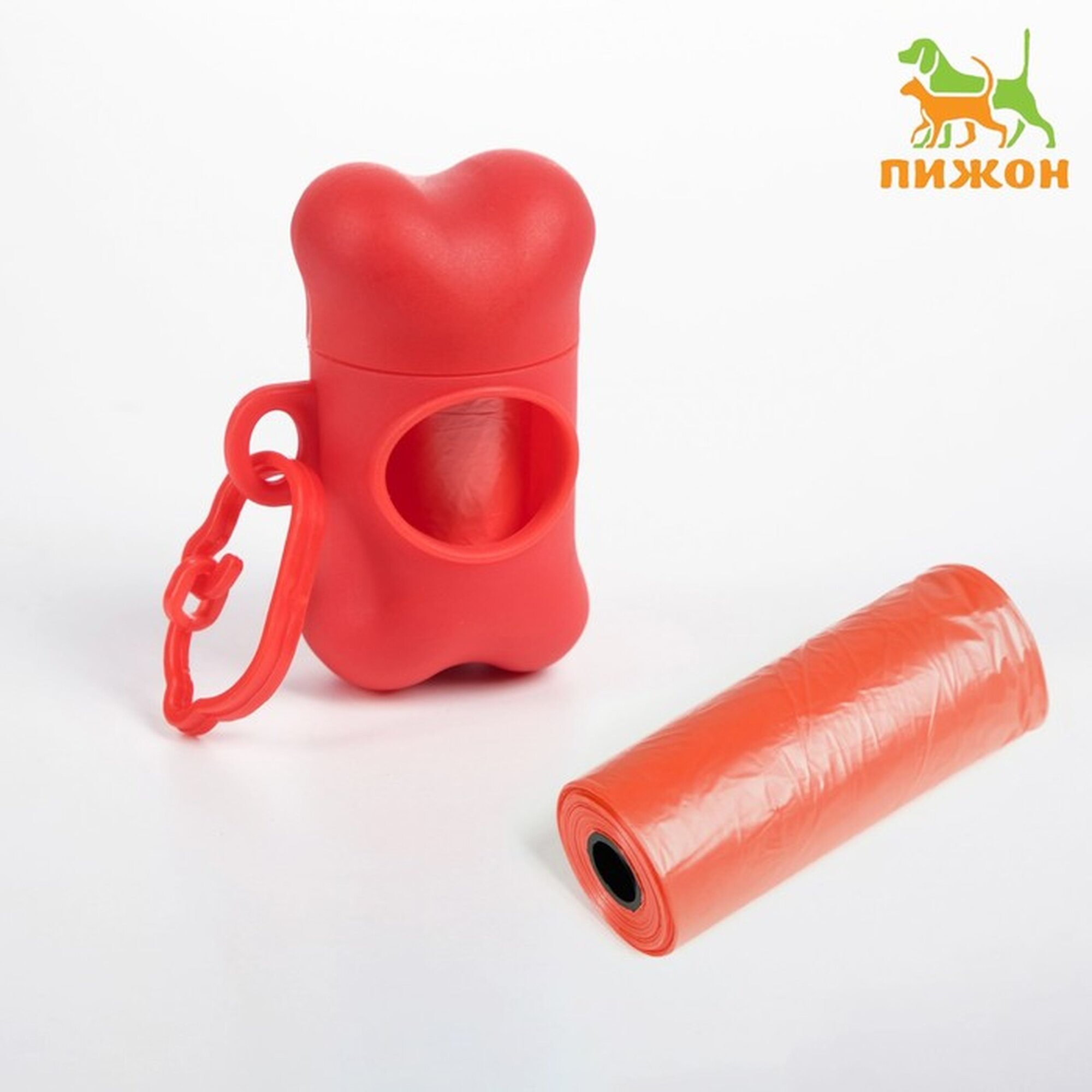 Контейнер-косточка с мешками для уборки (рулон 15 пакетов 29х21 см) красный