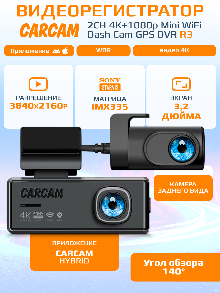 Автомобильный видеорегистратор CARCAM 2CH 4K+1080p Mini WiFi Dash Cam GPS DVR R3