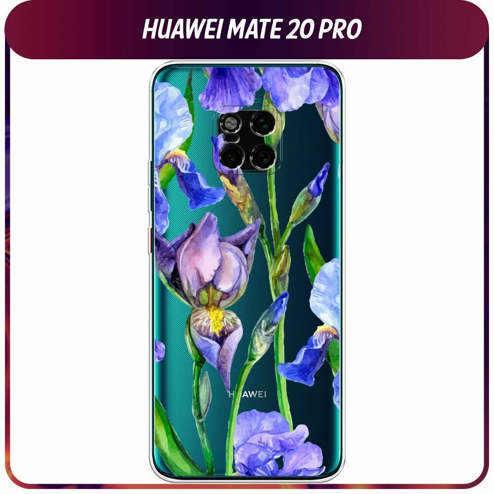 Чехол на Huawei Mate 20 Pro / Хуавей Мате 20 Про с принтом "Синие ирисы", прозрачный