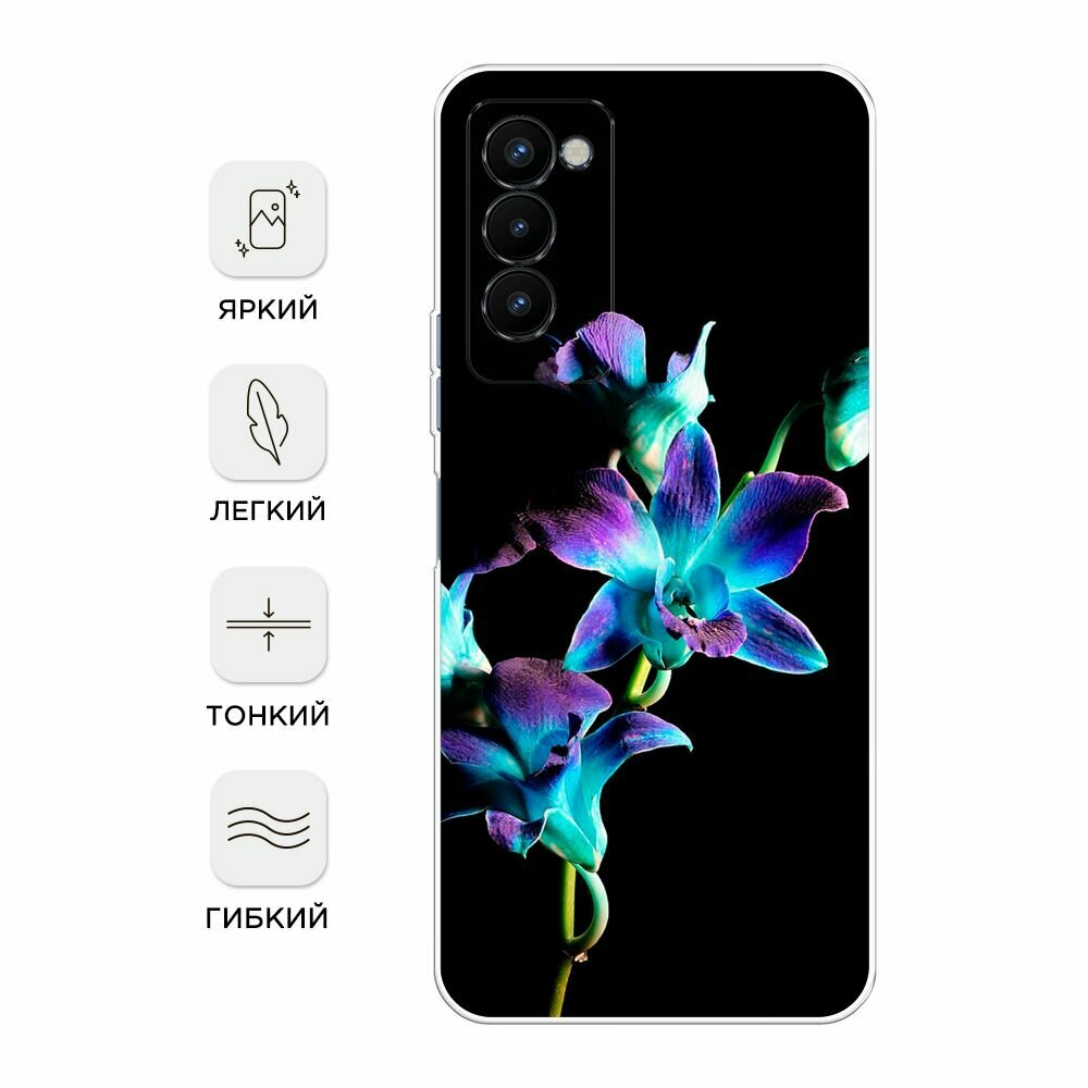 Чехол на Tecno Camon 18P / Техно Камон 18Р с принтом "Синий цветок на черном" — фото 1