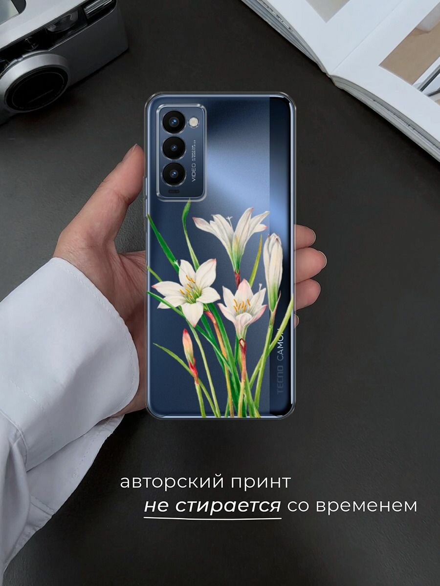 Чехол на Tecno Camon 18P / Техно Камон 18Р с принтом "White lily", прозрачный — фото 1
