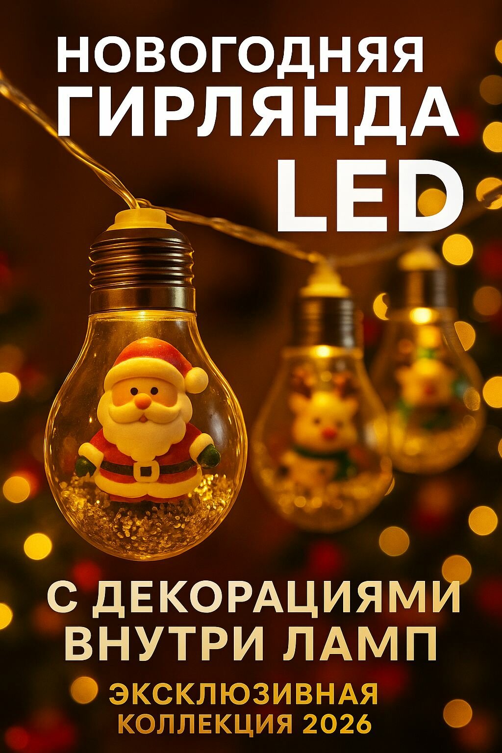 Новогодняя гирлянда 6 м Andowl LED фигурки Санта и снеговик, праздничная иллюминация