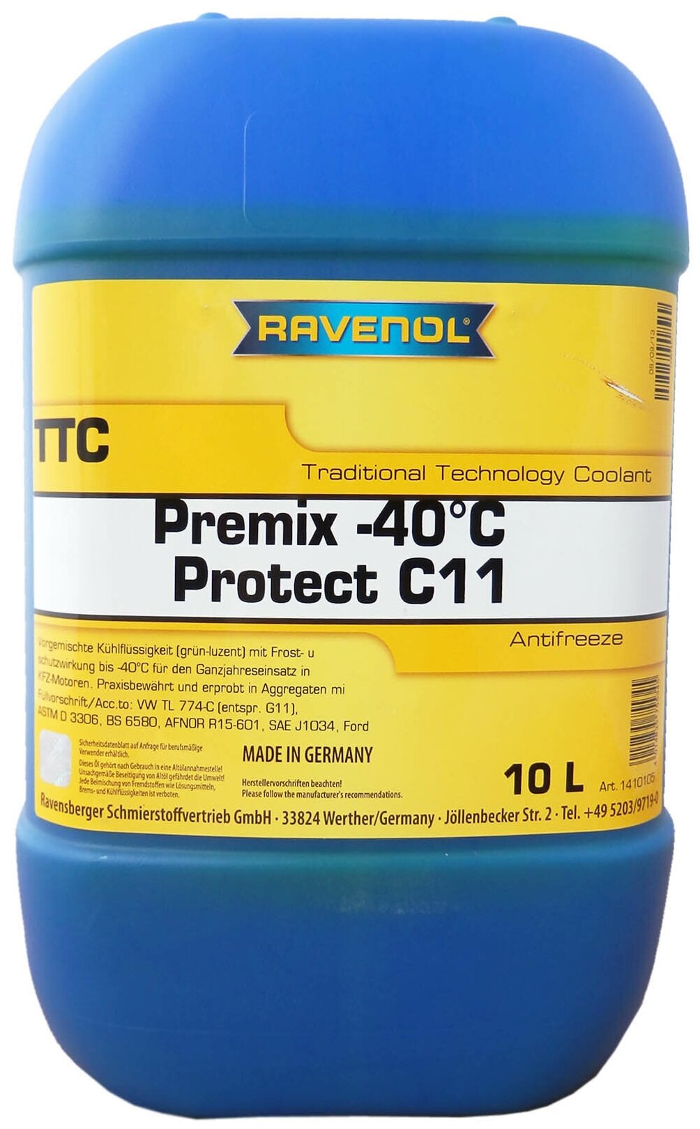 Антифриз готовый к прим. жёлтый RAVENOL TTC Traditional Technology Coolant Premix (10л)