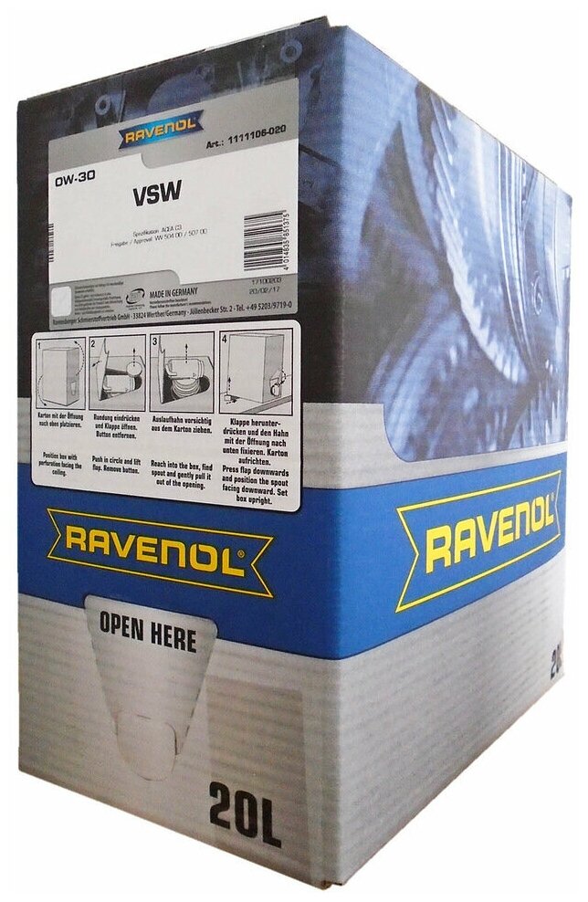 Ravenol моторное масло ravenol vsw sae 0w-30 ecobox, 20л 4014835850996