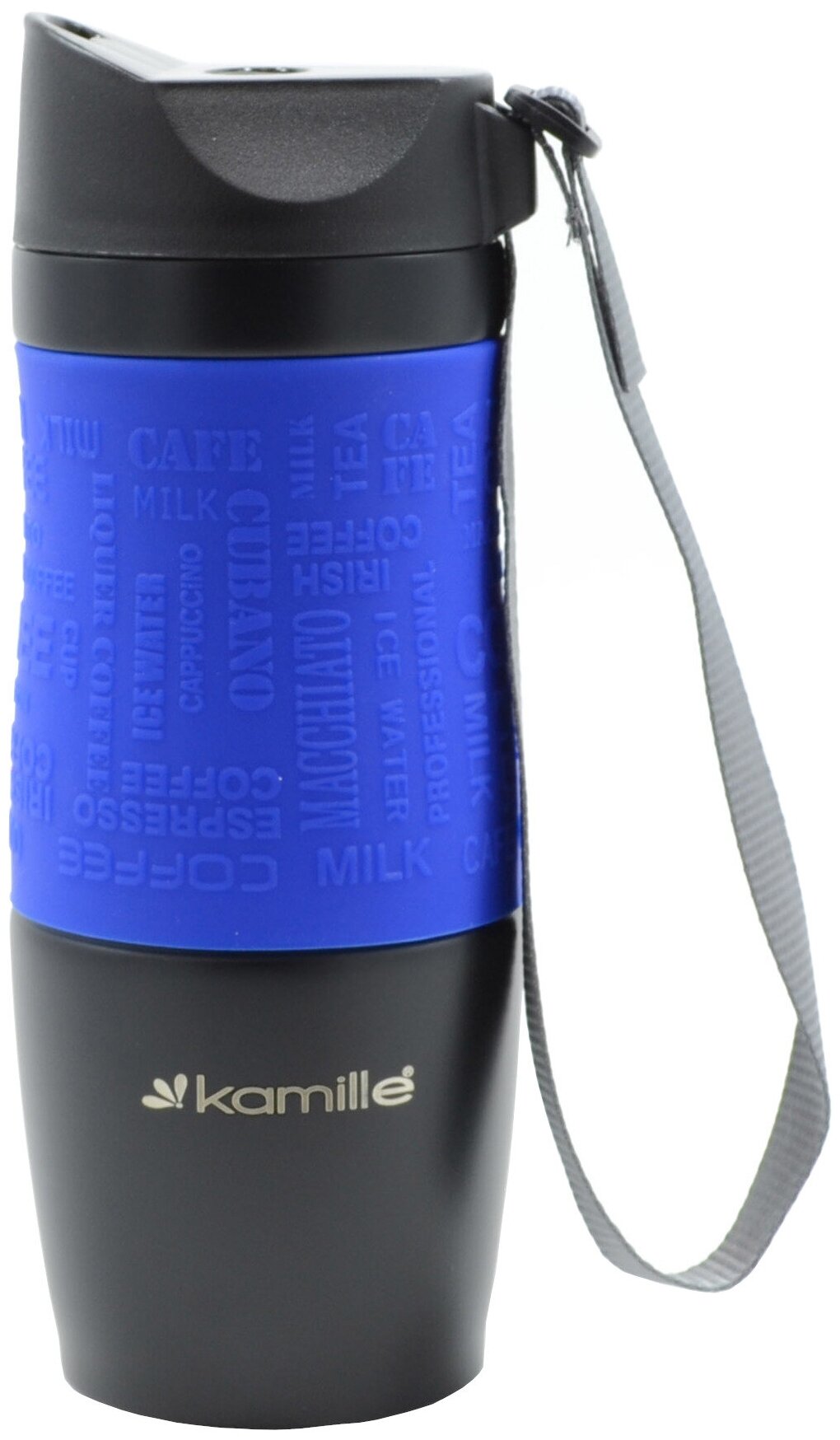 Термокружка Kamille с TPR-вставкой и ремешком (синяя) 380 мл