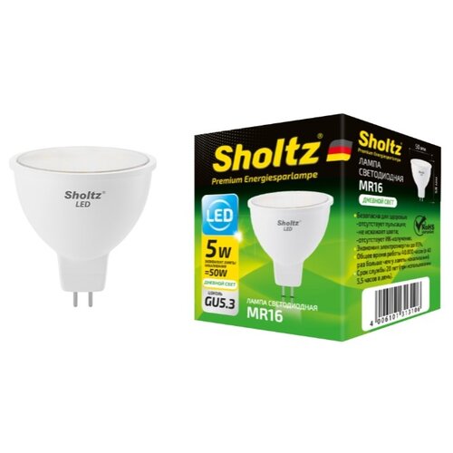 фото Светодиодная лампа sholtz софит 5вт gu5.3 4200к mr16 220-240в пластик