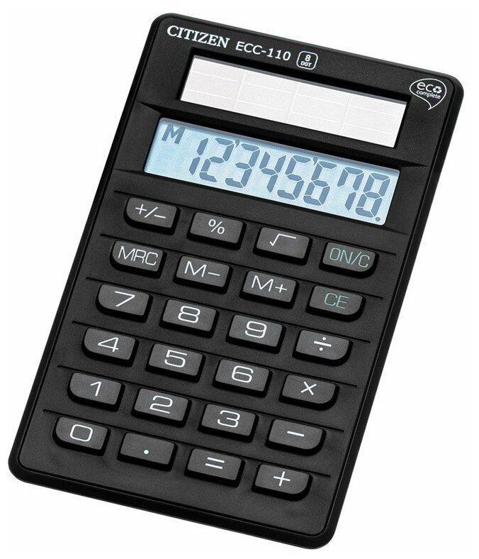 Калькулятор карманный ECC110, черный, 8-разрядный, солнечная батарея, 118 х 70 х 15мм (1шт)